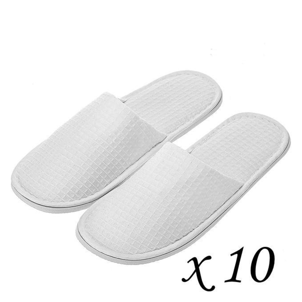 10 Pairs Waffle Closed Toe Spa Hotel Guest Slippers - White - Medium